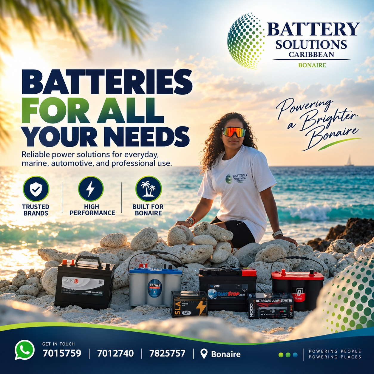 Battery Solutions campaign featuring batteries on a Bonaire beach