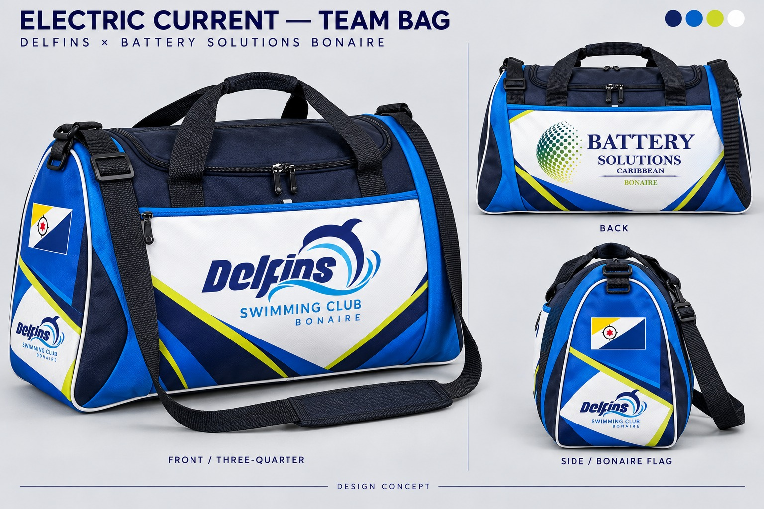 Electric Current matching team bag concept showing front and side views
